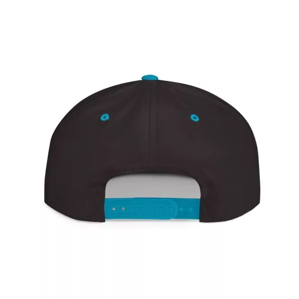 Back view of black snapback cap with blue details