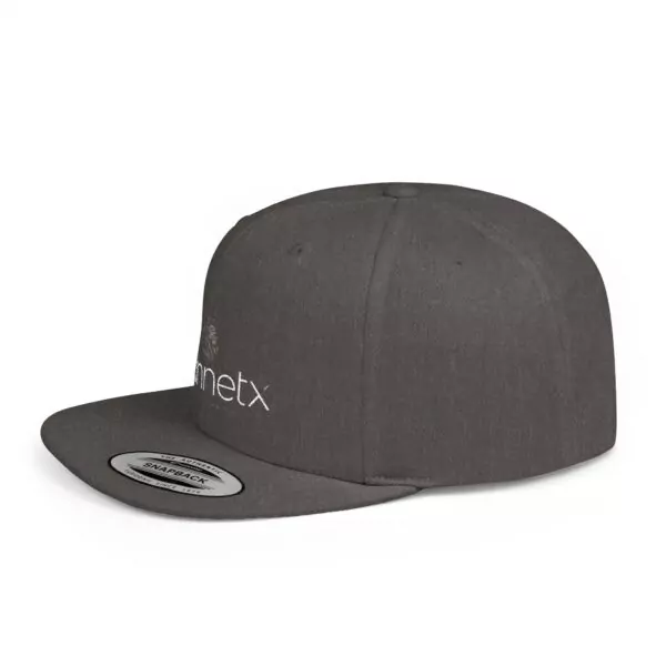 Gray snapback cap with embroidered text on front