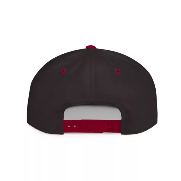Black cap with red adjustable strap, back view.